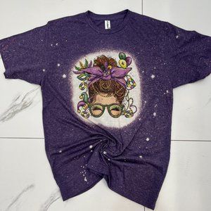 Mardi Gras Purple Bleached T-shirt Messy Bun Mom with Glasses
